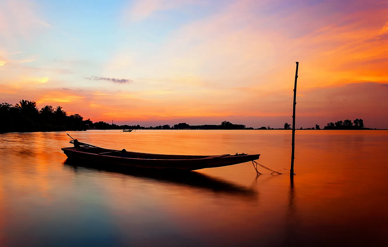 Photo wallpaper sea, the sky, clouds, trees, sunset, boat