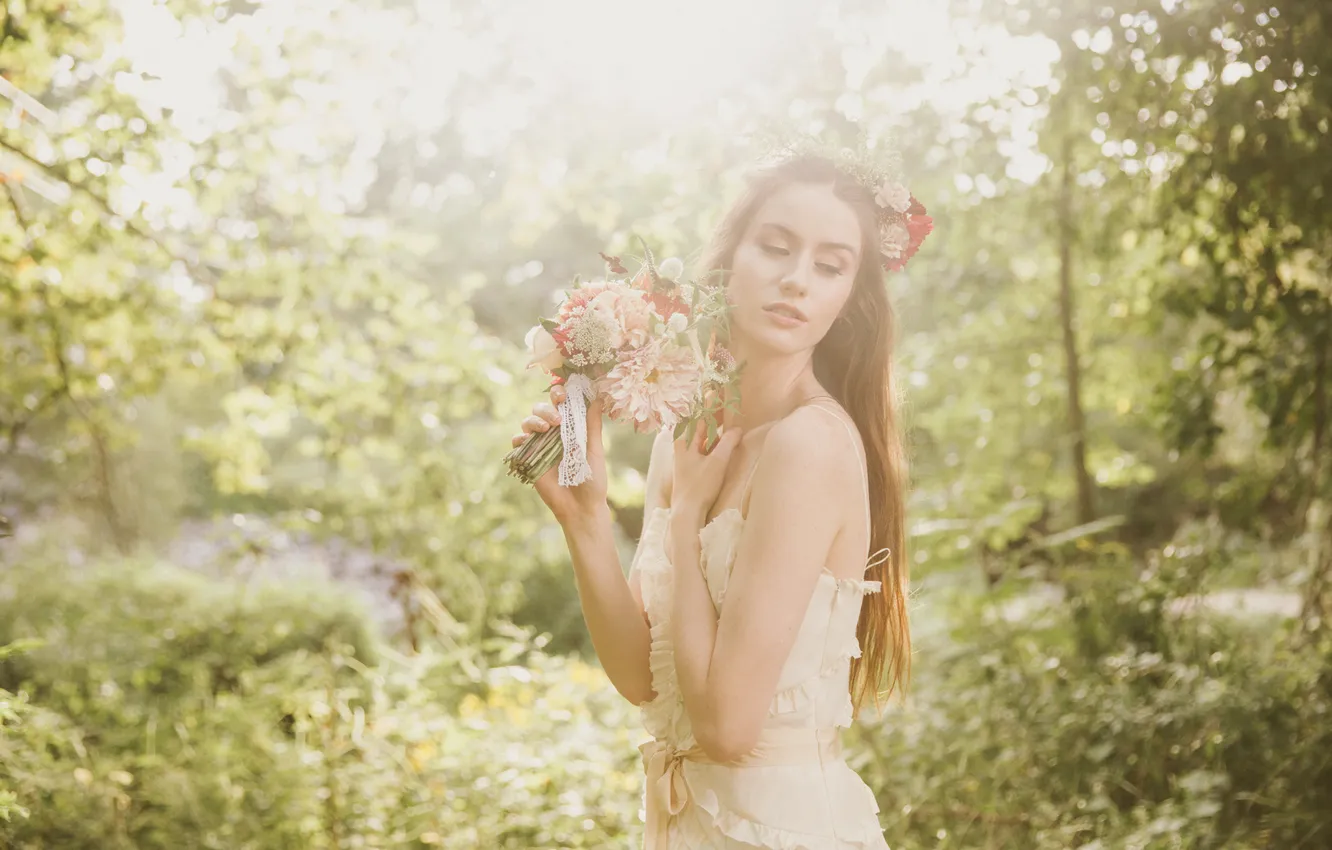 Photo wallpaper look, girl, bouquet, dress, the bride, wreath
