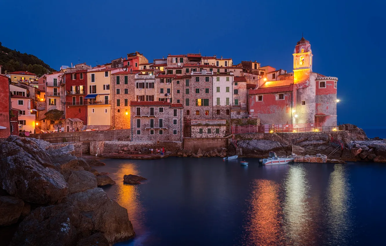 Photo wallpaper sea, night, lights, boat, tower, home, Italy, Liguria