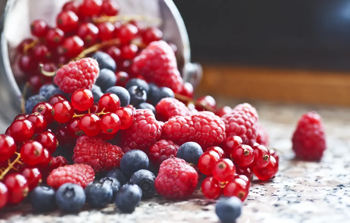 Photo wallpaper berries, raspberry, harvest, blueberries, red, currants