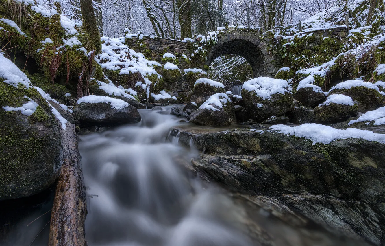 Photo wallpaper forest, snow, bridge, stones, Scotland, river, Scotland, Glen Creran