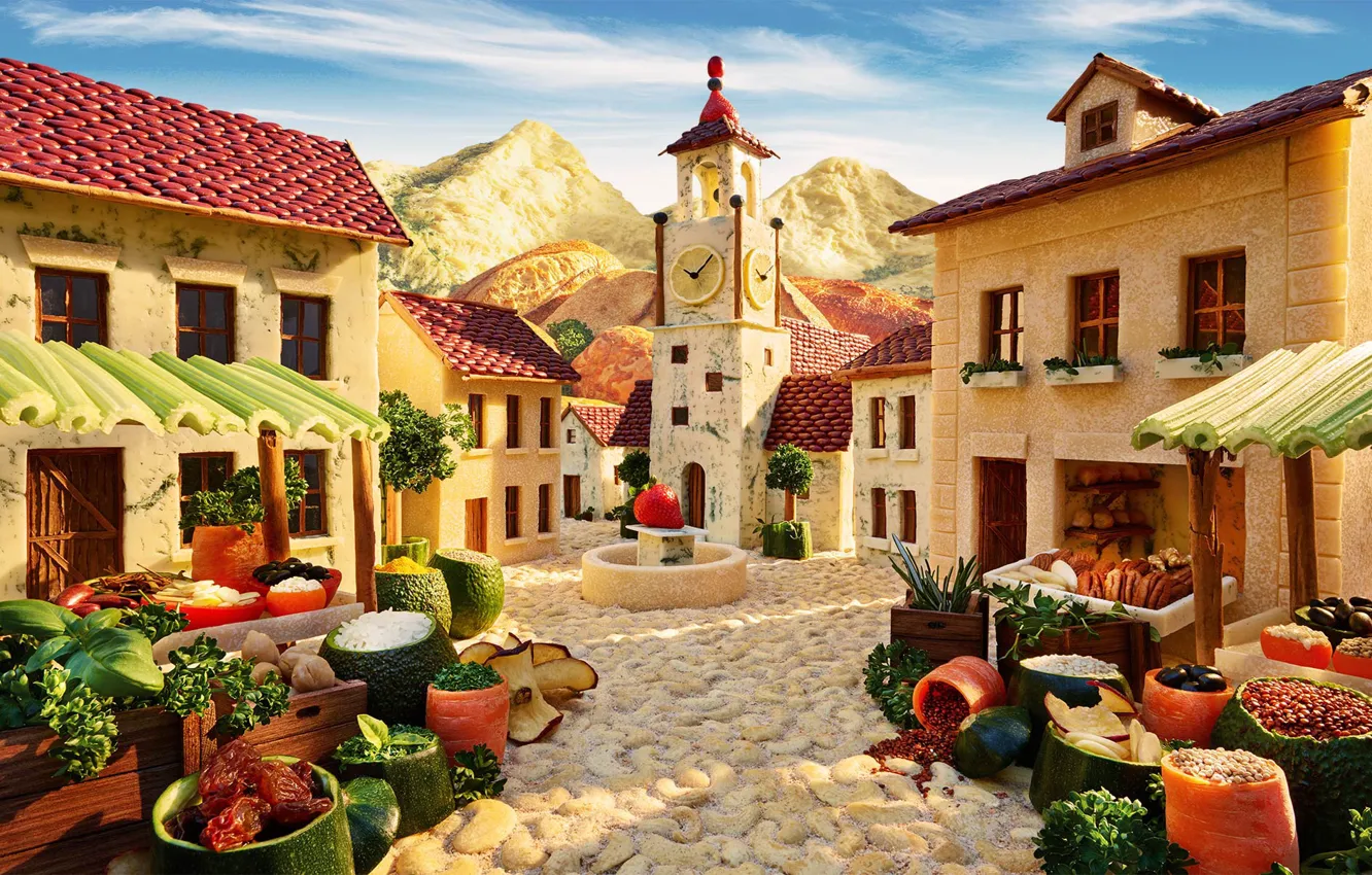 Photo wallpaper greens, cheese, bread, fruit, nuts, vegetables, beans, dried fruits