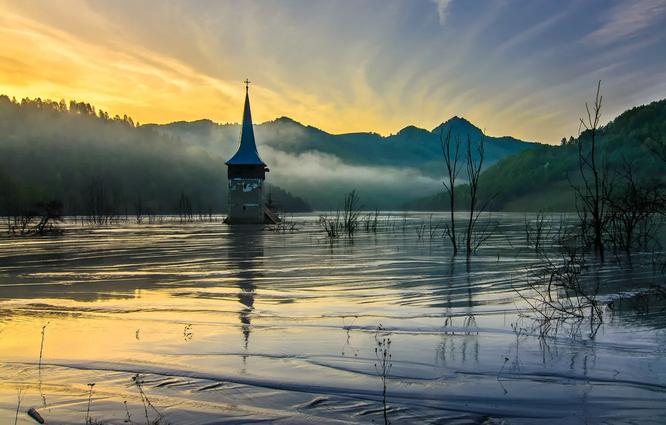 Photo wallpaper mountains, fog, dawn, spring, morning, Church, lowland, flooded