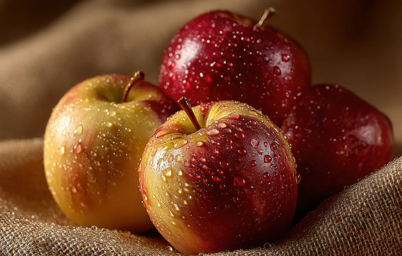 Photo wallpaper drops, red, apples, fruit, burlap, juicy, yellow-red, AI art