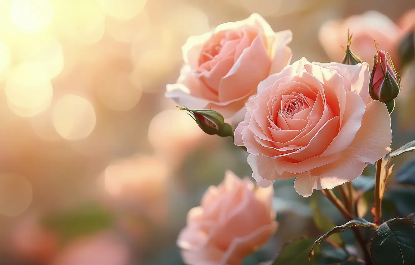 Photo wallpaper light, flowers, roses, morning, garden, pink, buds, bokeh
