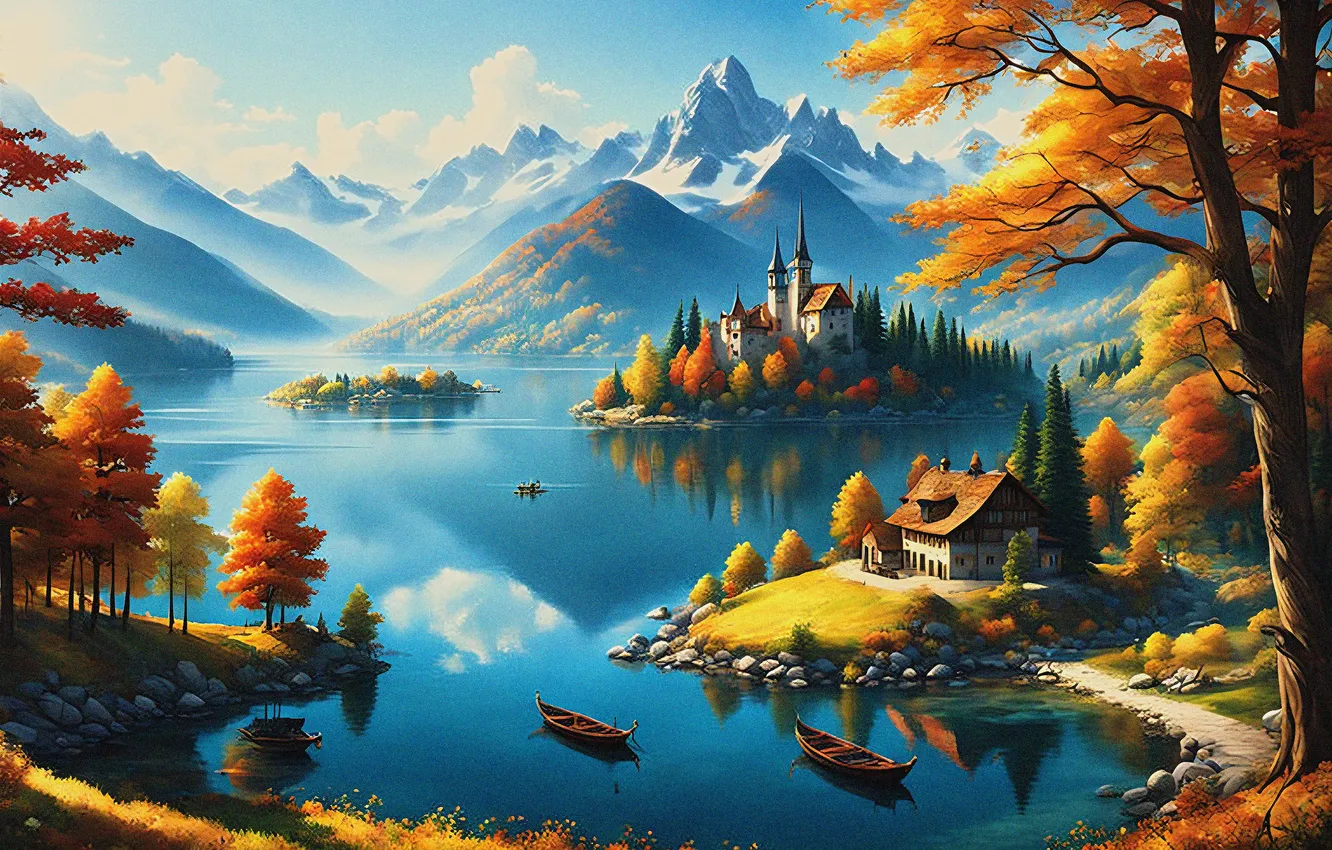 Photo wallpaper autumn, trees, mountains, fog, lake, reflection, castle, shore