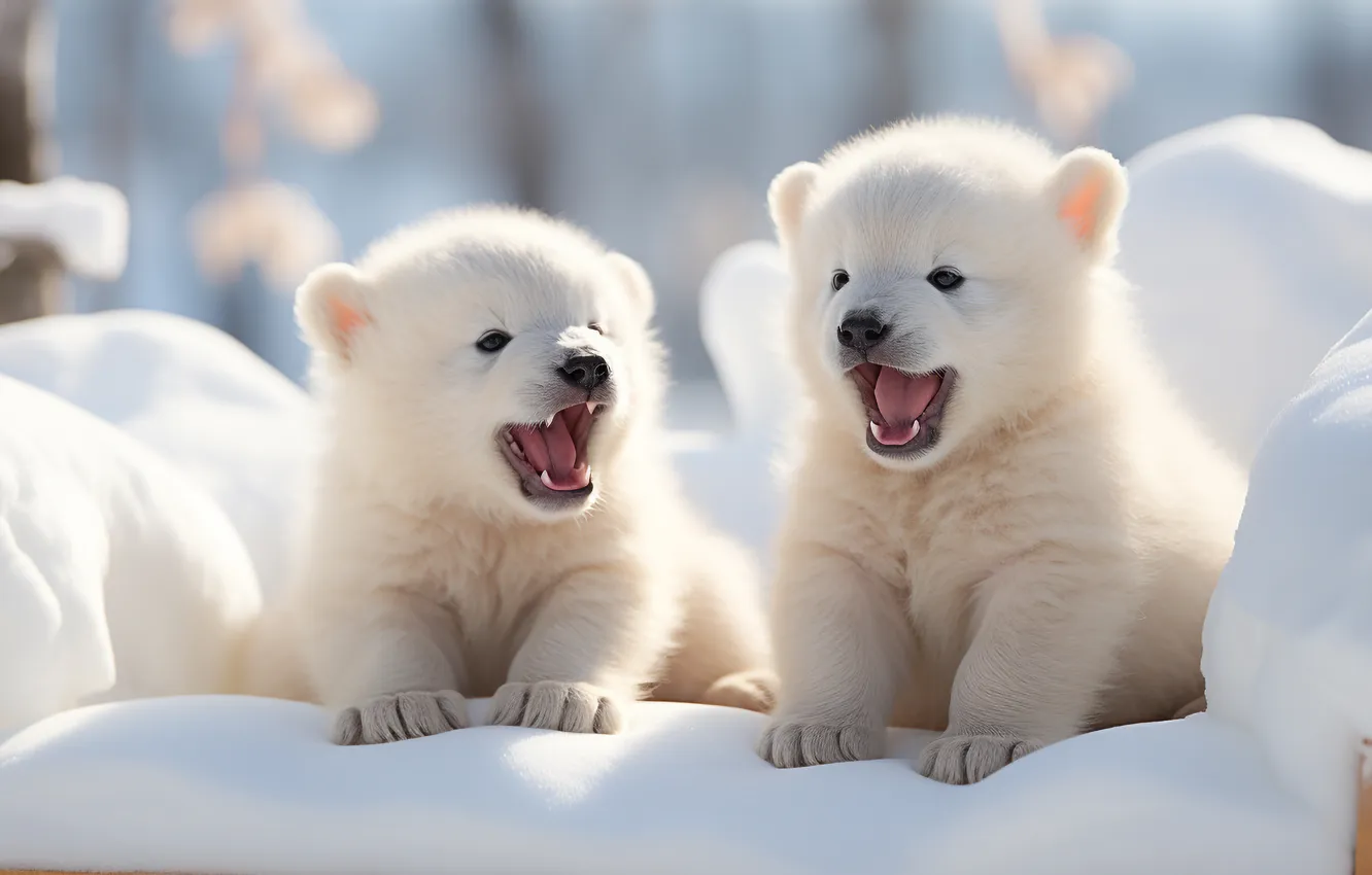 Photo wallpaper winter, light, snow, nature, baby, bear, mouth, the snow