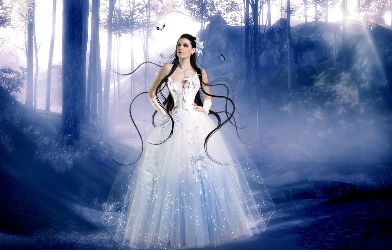 Photo wallpaper forest, girl, rays, light, trees, butterfly, hair, shadow