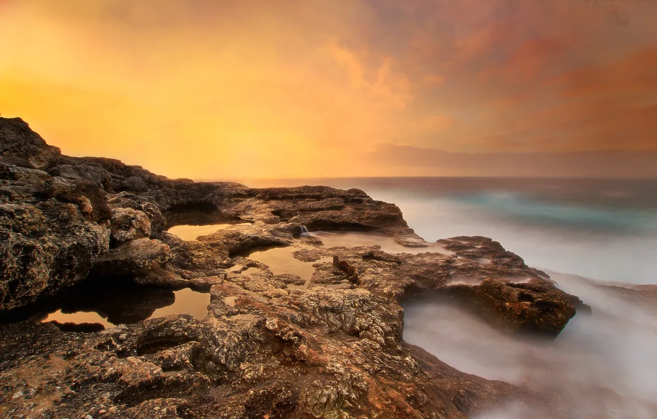 Photo wallpaper sea, beach, sunrise, morning, rocky