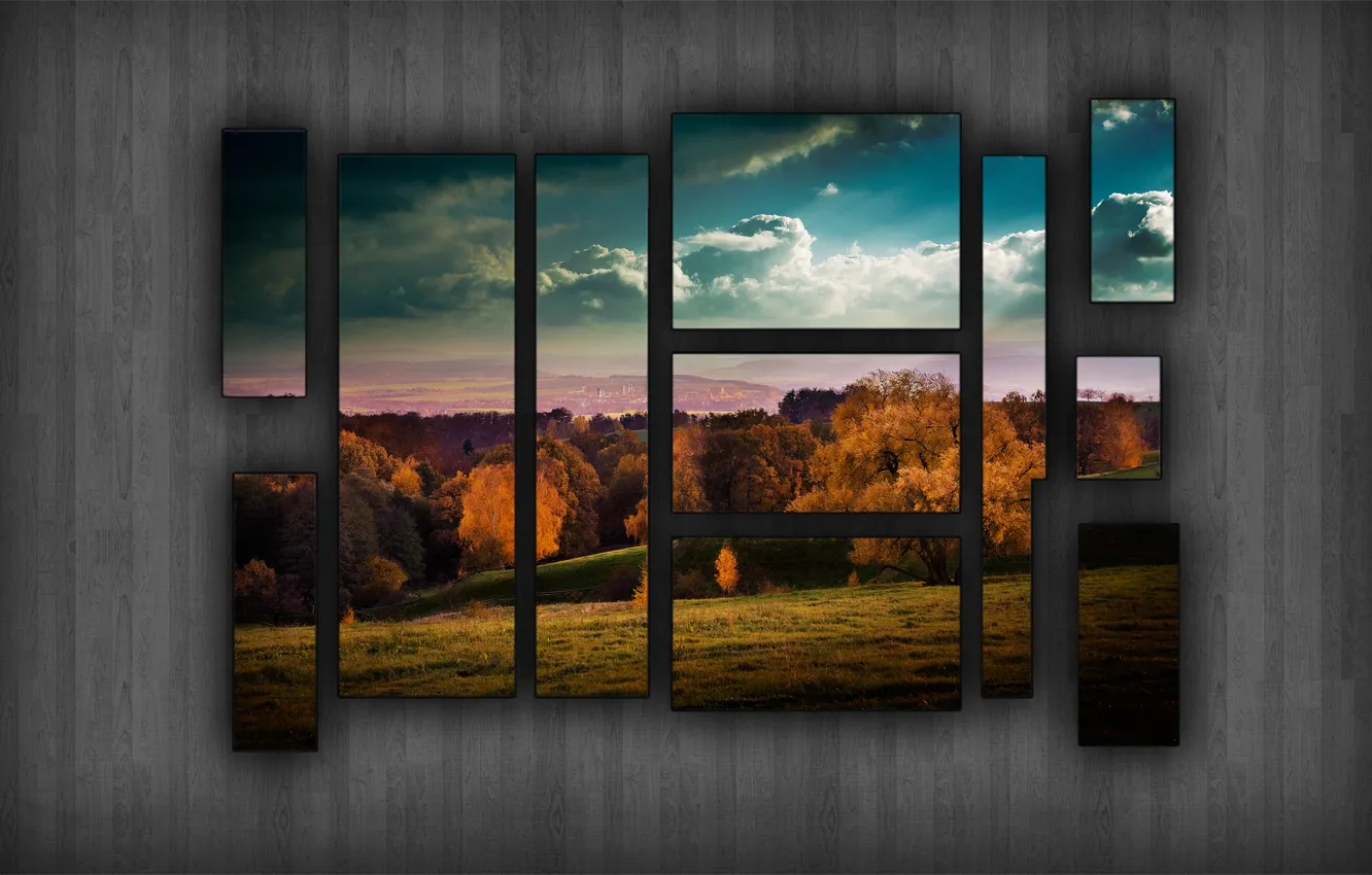 Photo wallpaper field, autumn, forest, clouds, mosaic, window, puzzle, pazzle