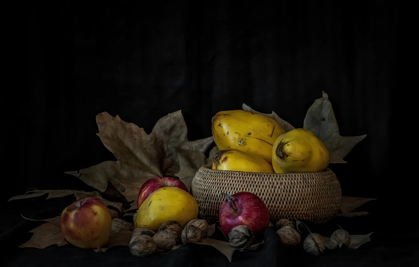 Photo wallpaper apples, fruit, nuts, basket