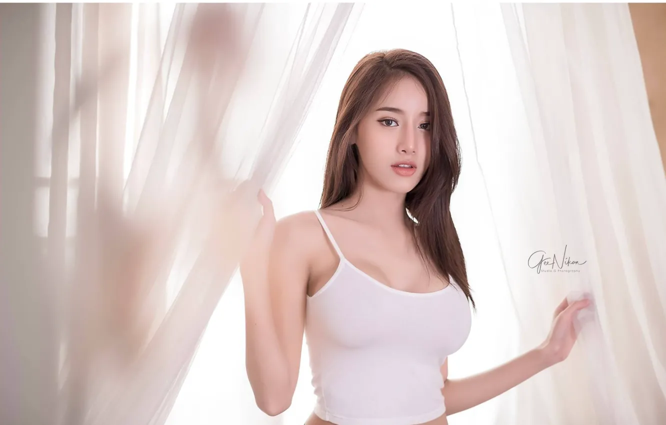 Photo wallpaper model, Asian, beautiful girl, big Breasts, Pichana Yoosuk, White top, Cup-E