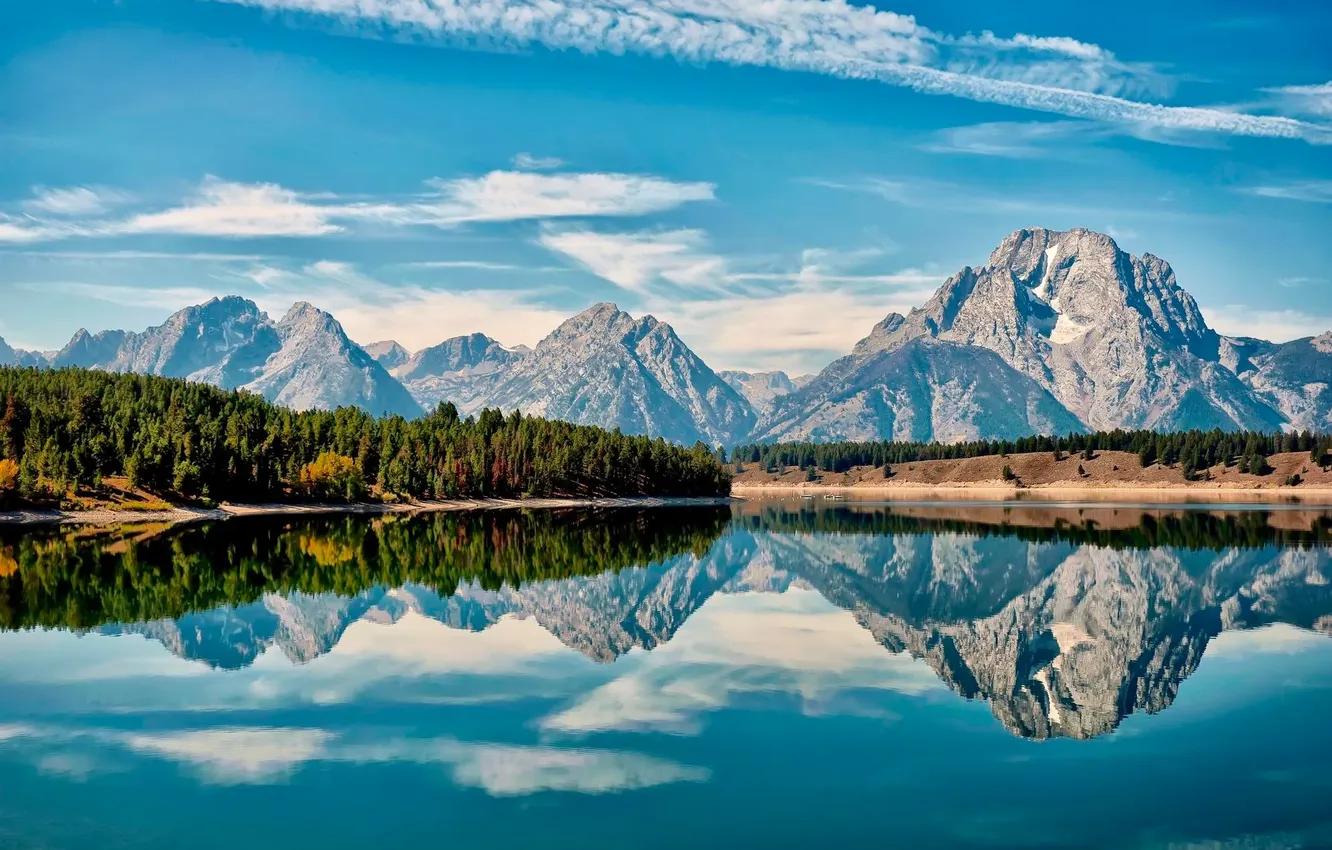 Photo wallpaper forest, the sky, clouds, trees, landscape, mountains, nature, lake