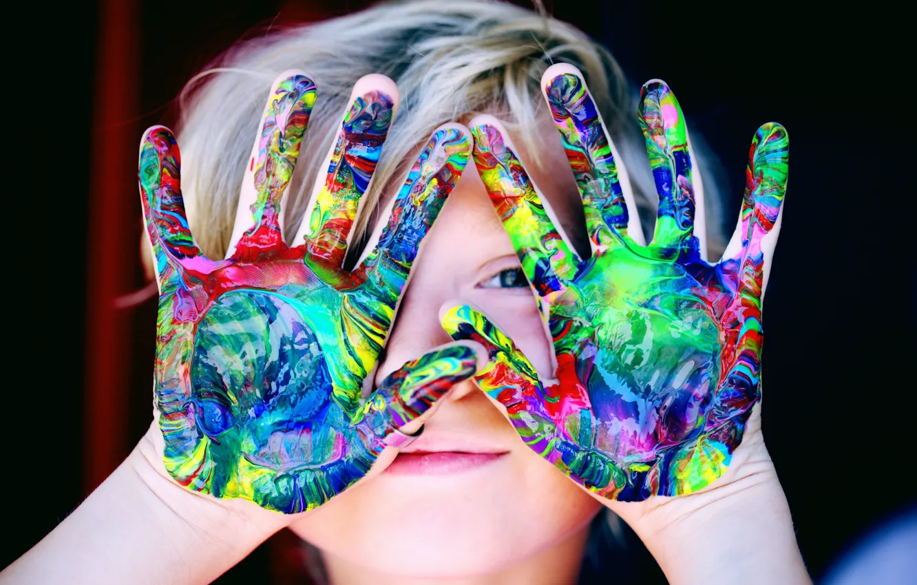 Photo wallpaper children, face, paint, rainbow, hands, palm