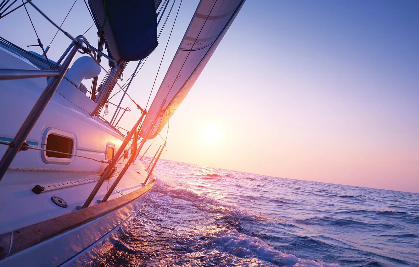 Photo wallpaper sea, the sun, the way, morning, yacht, sail, sailboat into sunrise