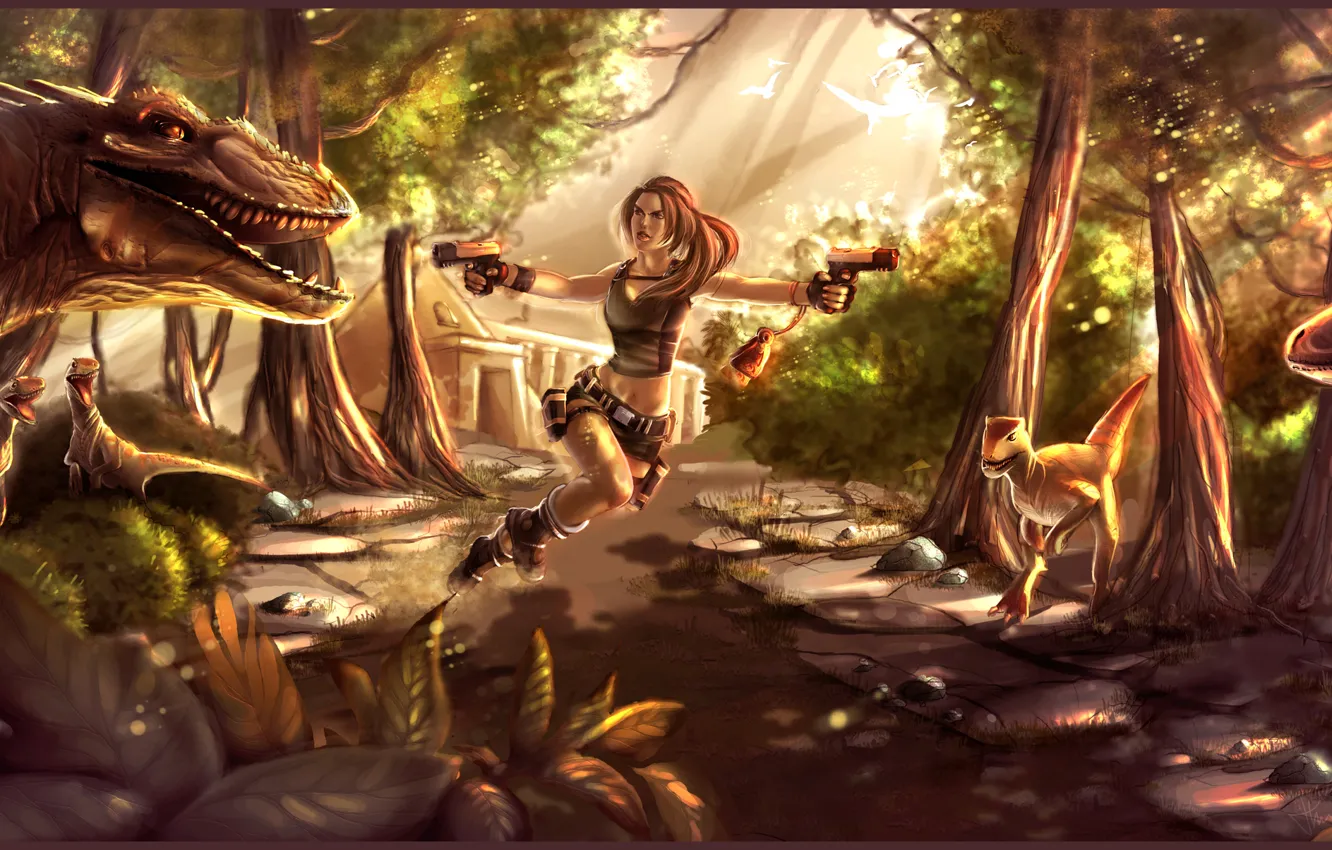 Photo wallpaper girl, trees, stones, guns, the game, attack, dinosaurs, lara croft