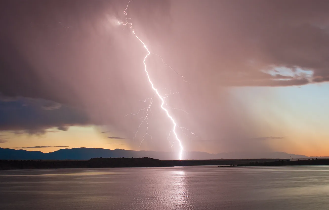 Photo wallpaper the storm, the sky, sunset, lake, lightning, the evening, Colorado, USA
