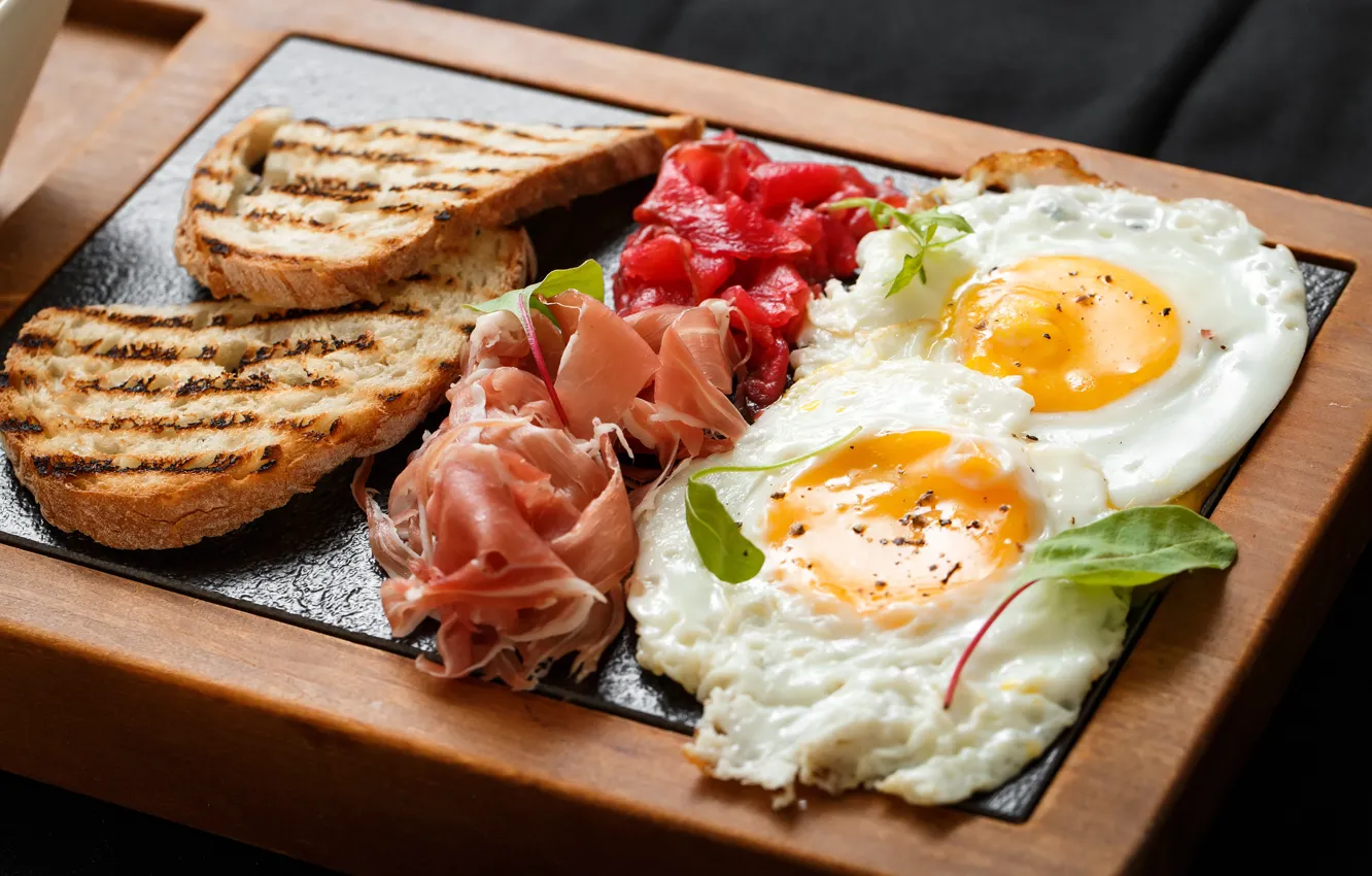 Photo wallpaper Breakfast, scrambled eggs, bacon, toast