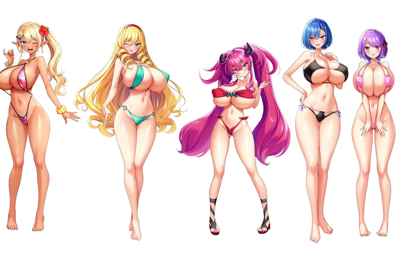 Photo wallpaper sexy, Cameltoe, cleavage, flower, pink hair, horns, green eyes, long hair