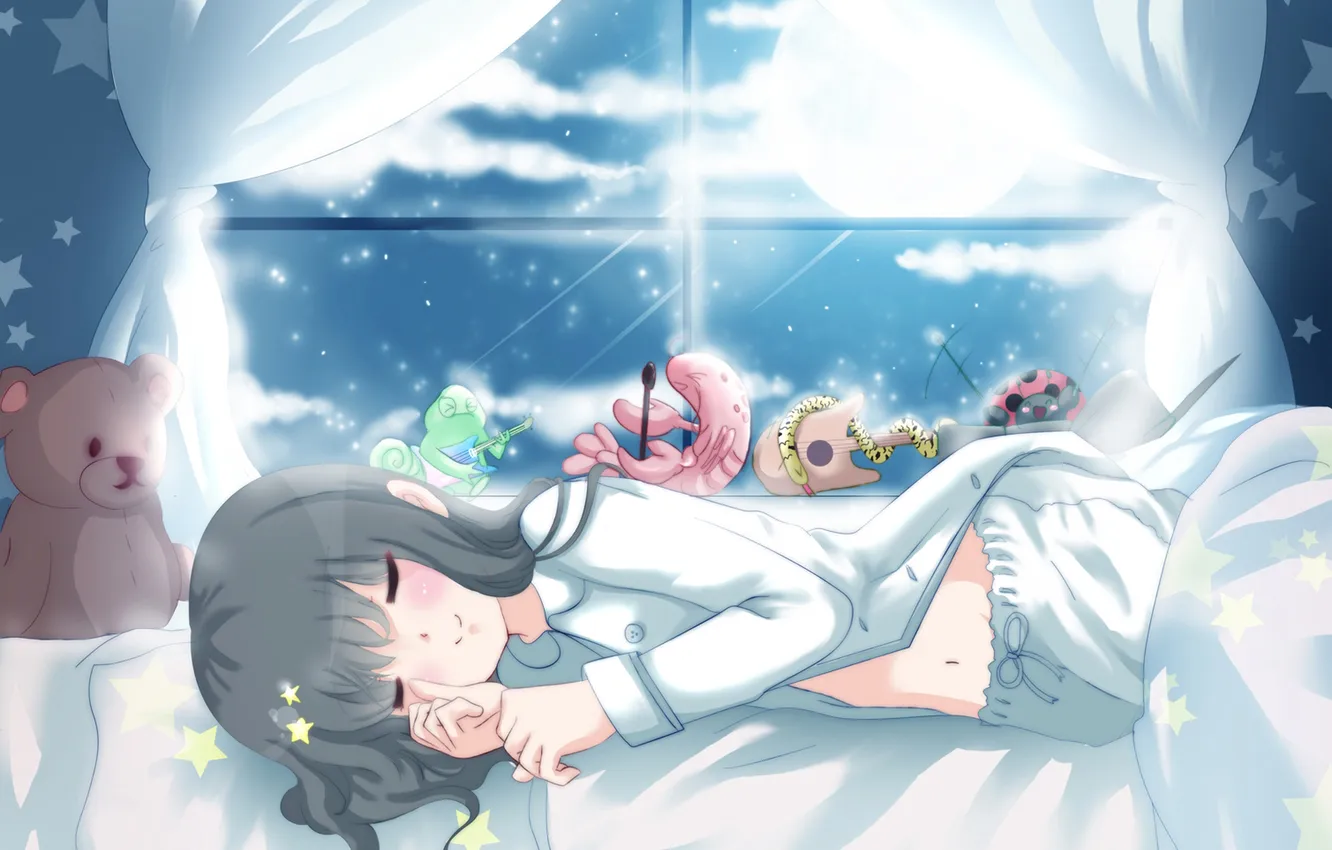 Photo wallpaper girl, clouds, night, the moon, toy, window, sleeping, bed