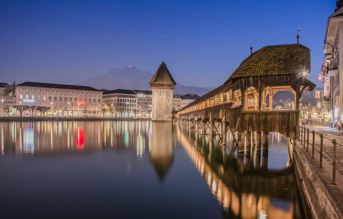 Photo wallpaper night, lights, river, home, Switzerland, Lucerne, the the Chapel bridge, Tower Wasserturm