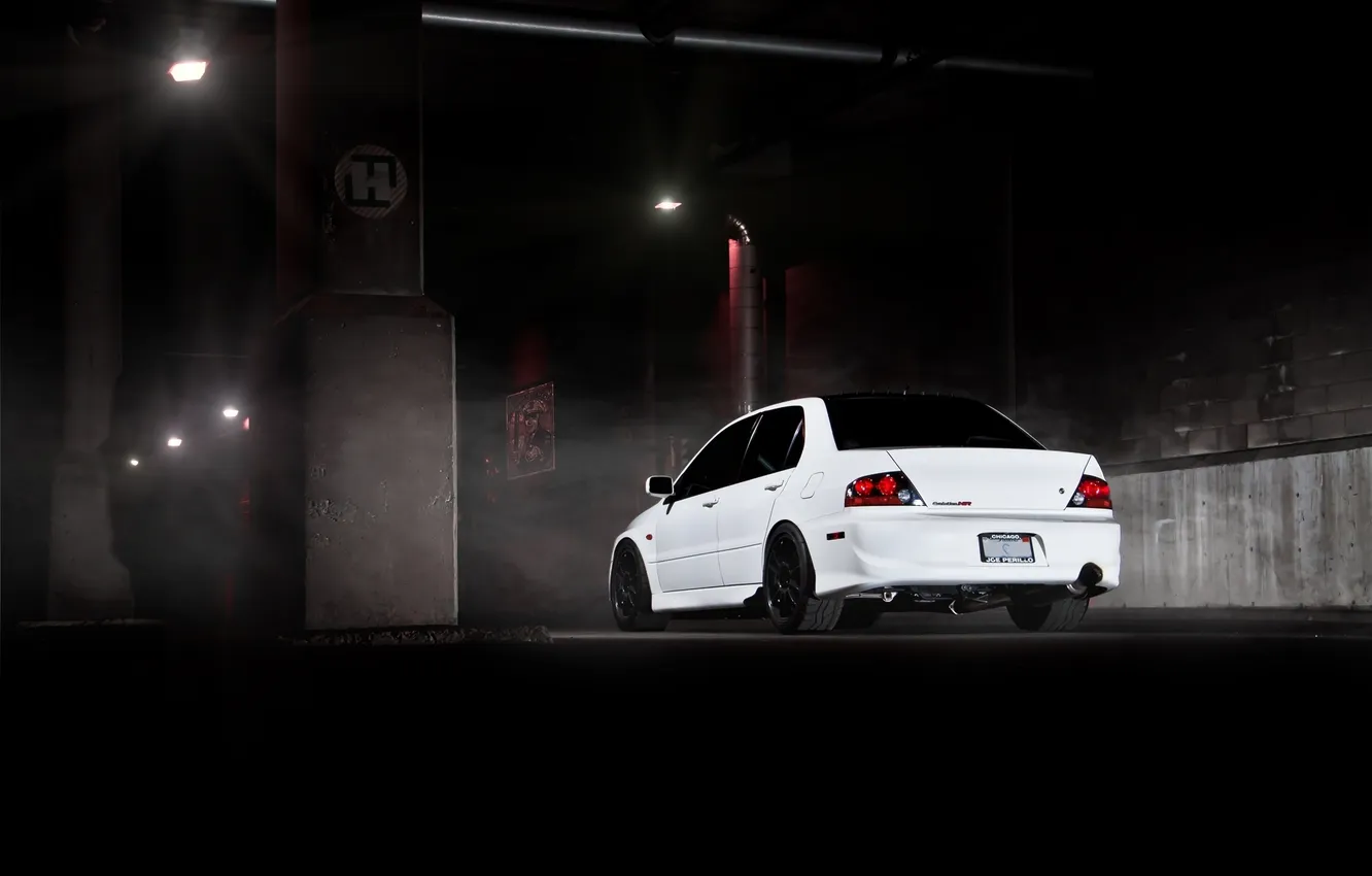 Photo wallpaper white, wall, support, white, mitsubishi, rear view, Mitsubishi, Lancer evolution