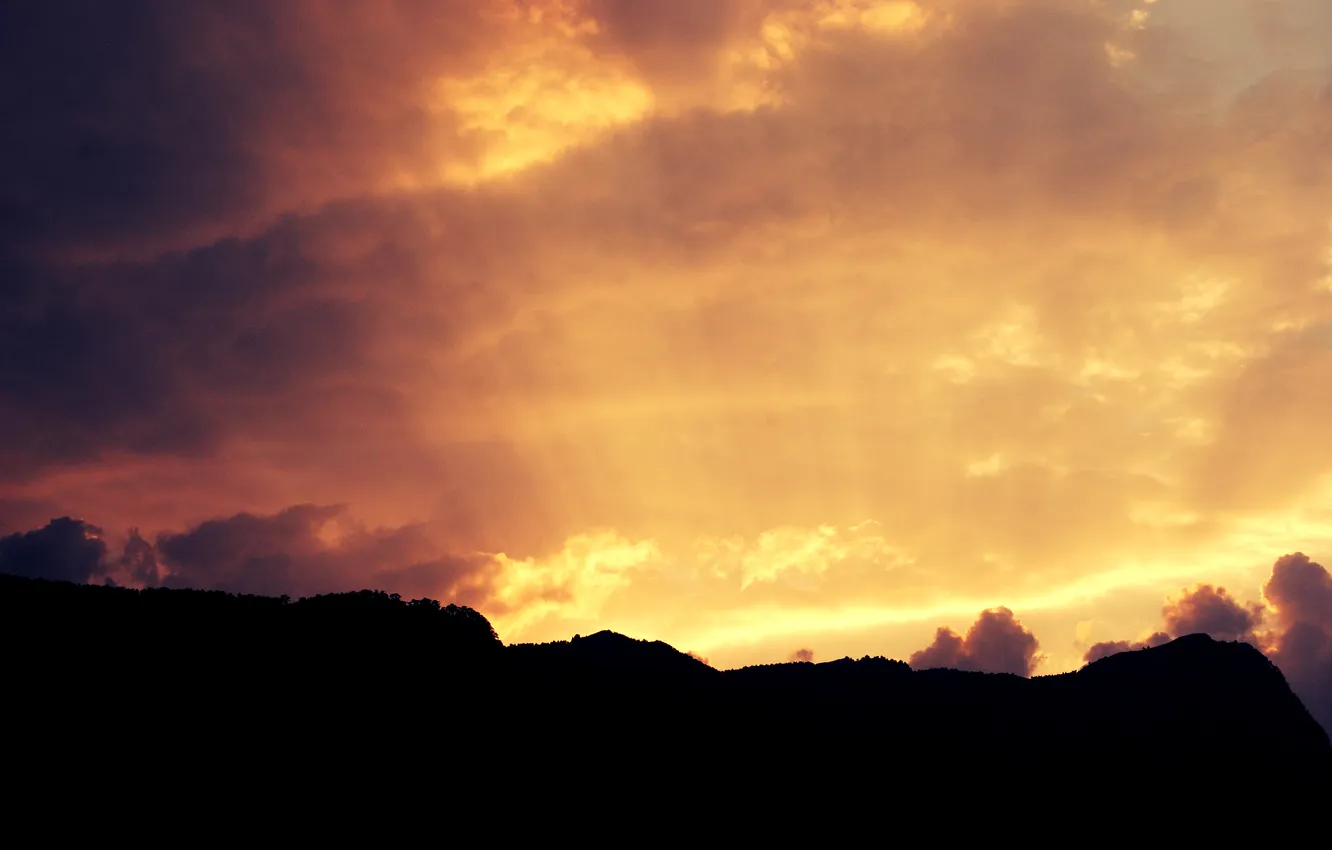 Photo wallpaper the sky, the sun, clouds, light, mountains, nature, beauty, silhouette