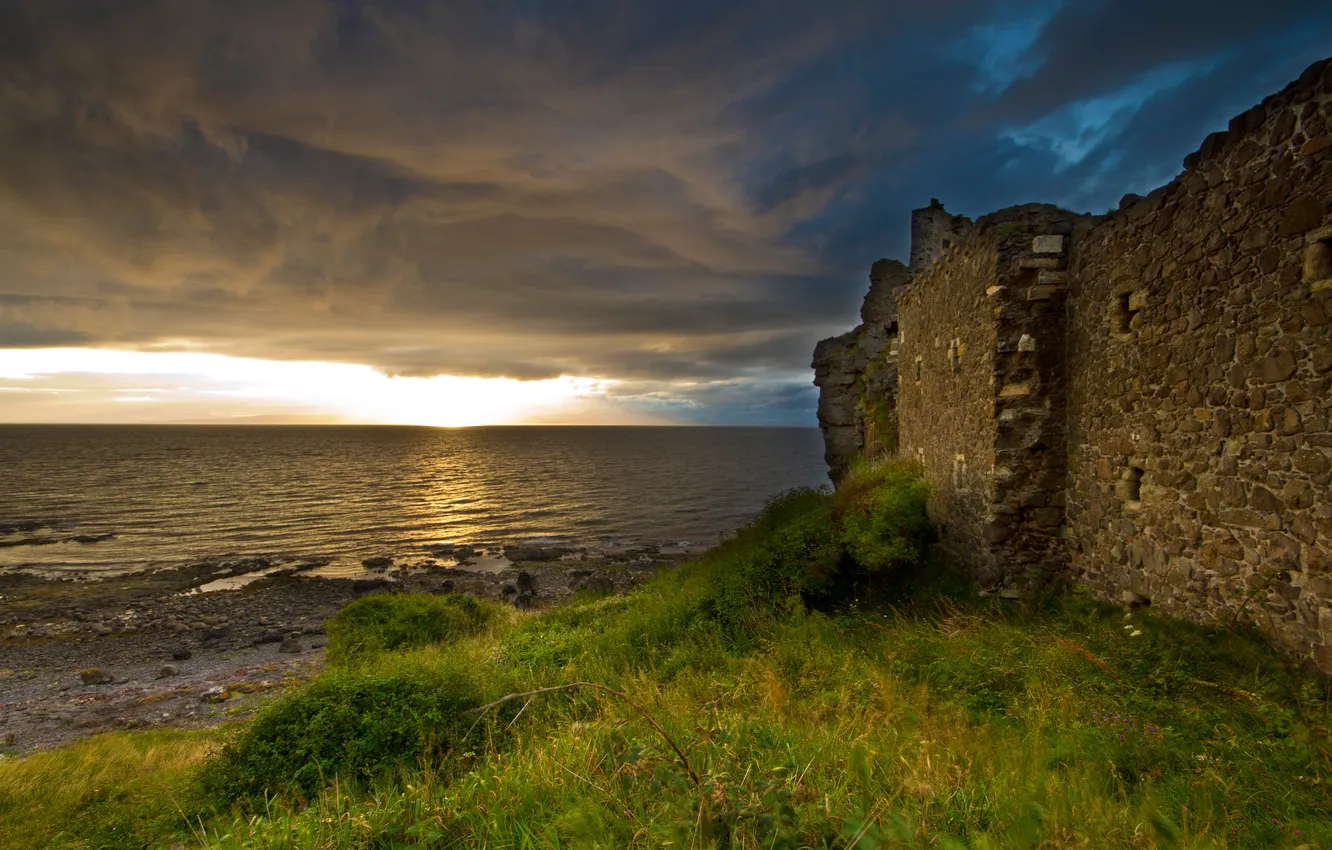 Photo wallpaper sea, grass, clouds, fortress, neo