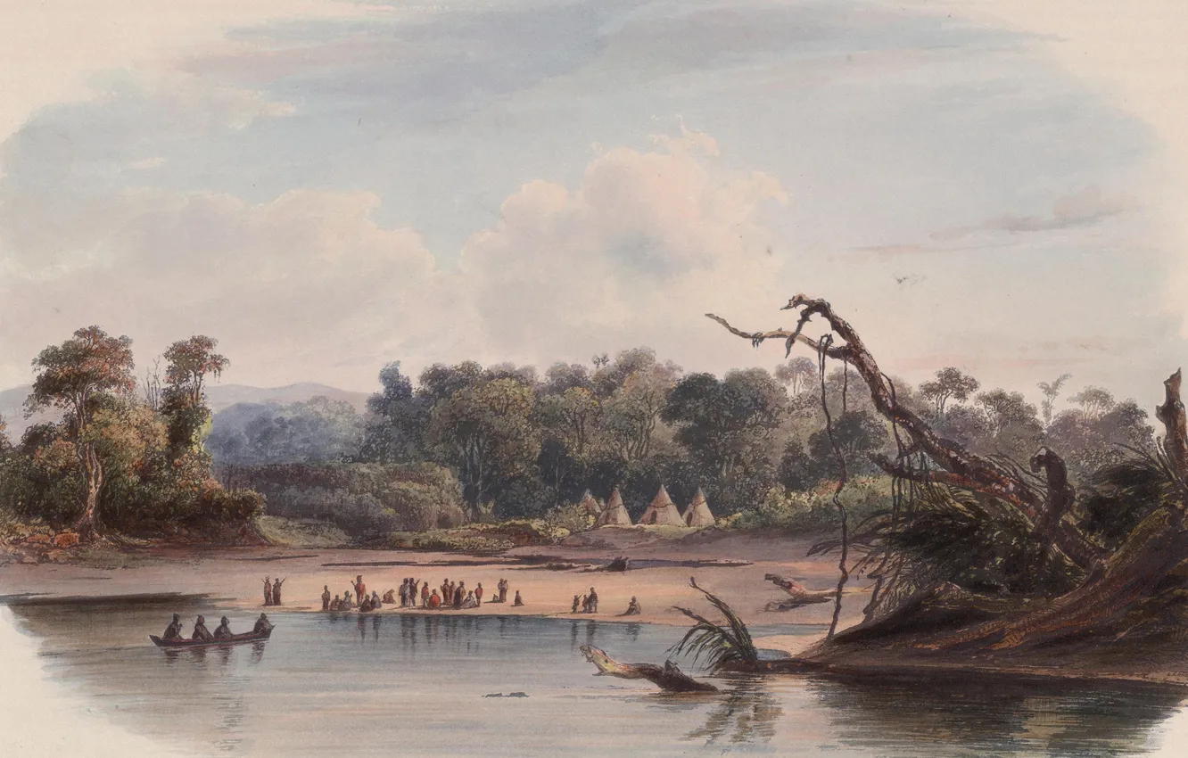 Photo wallpaper picture, painting, painting, Karl Bodmer, 1837, Tents of the punca indians on the banks of …