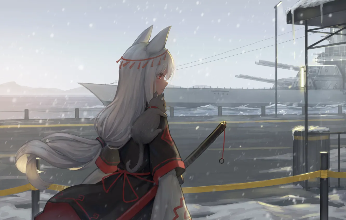 Photo wallpaper sea, girl, snow, katana, ears, combat korabli