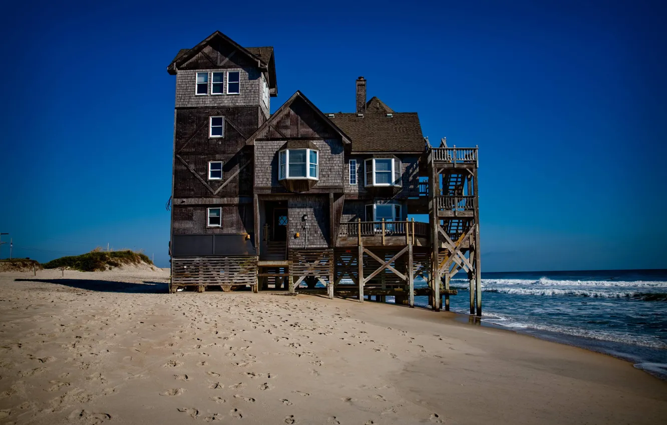 Photo wallpaper sand, sea, house, shore