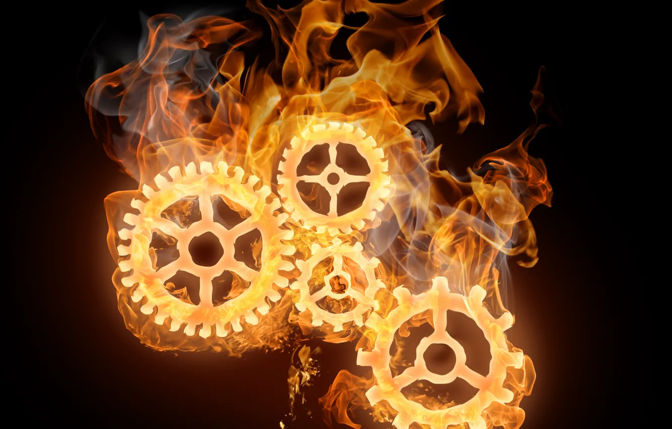 Photo wallpaper fire, mechanism, gear, Flames