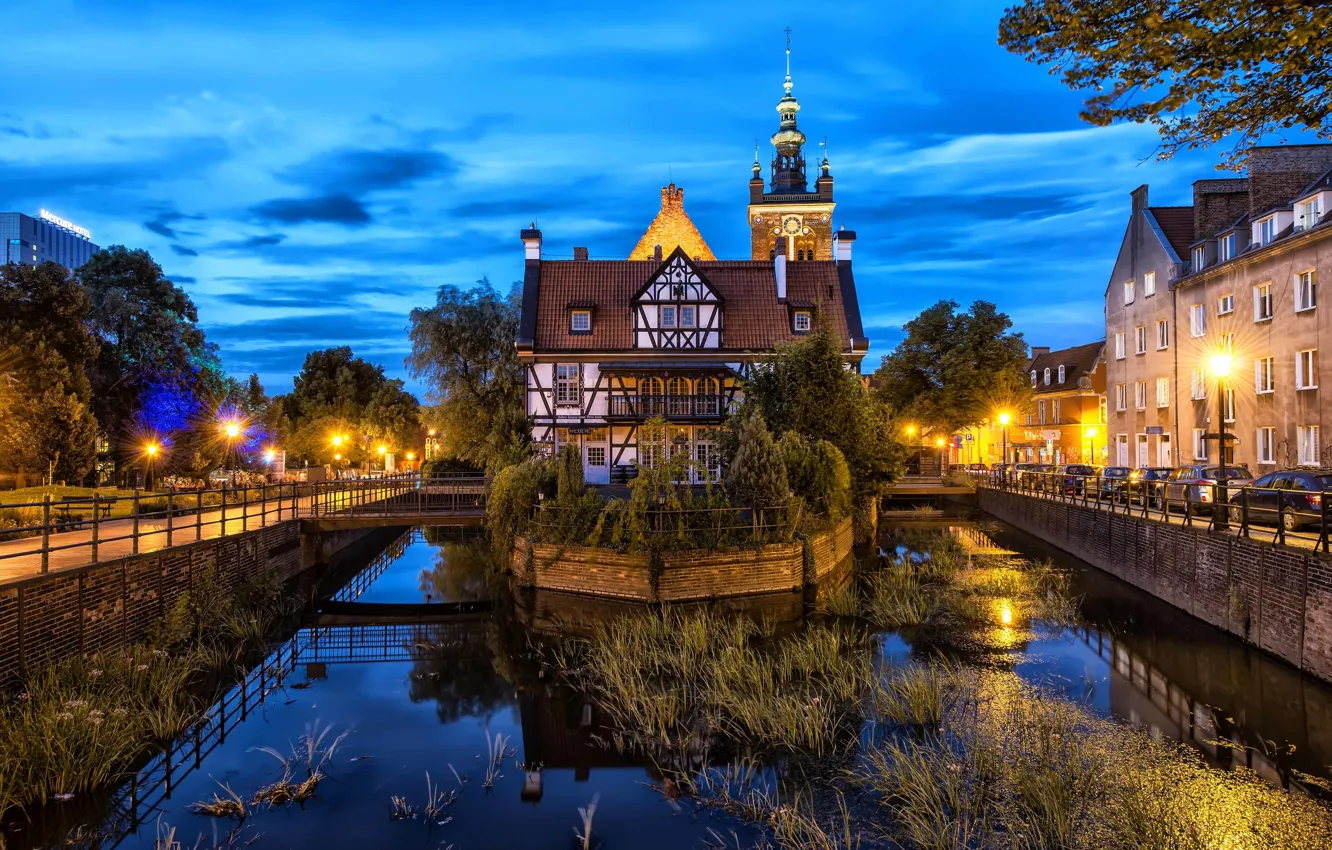 Photo wallpaper lights, the evening, Poland, channel, Gdansk