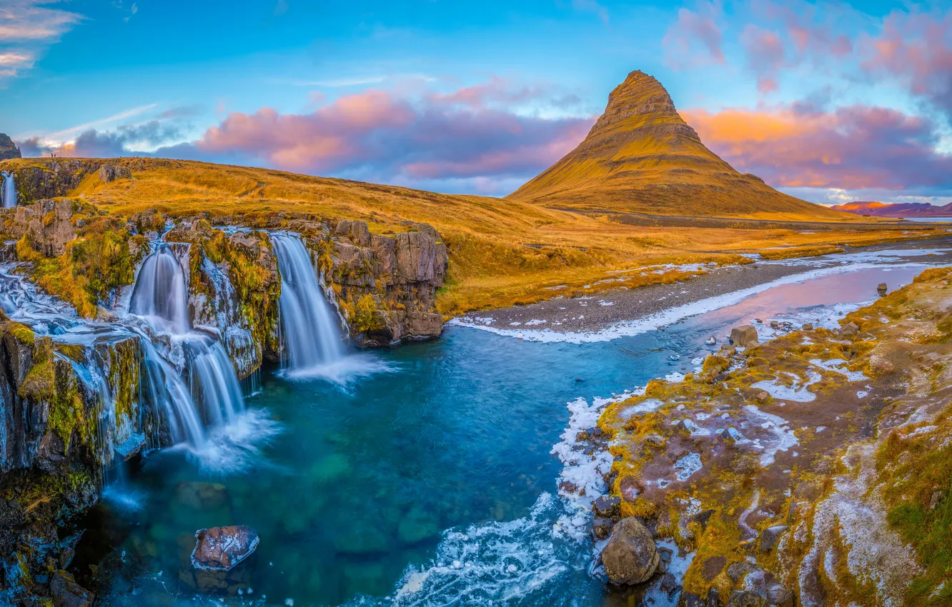 Photo wallpaper river, sky, landscape, waterfall, Iceland, Mount