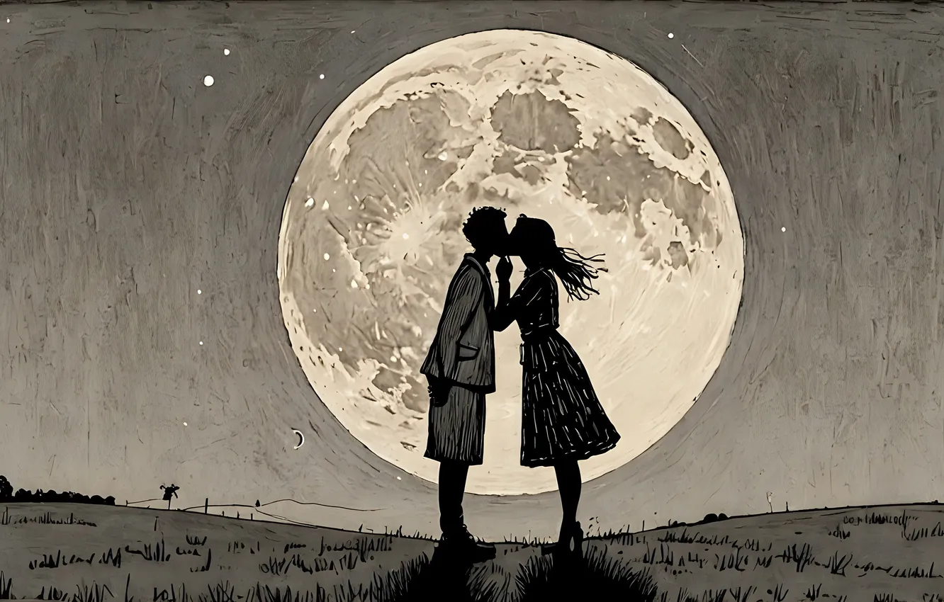 Photo wallpaper girl, love, the moon, kiss, pair, guy, monochrome, AI art