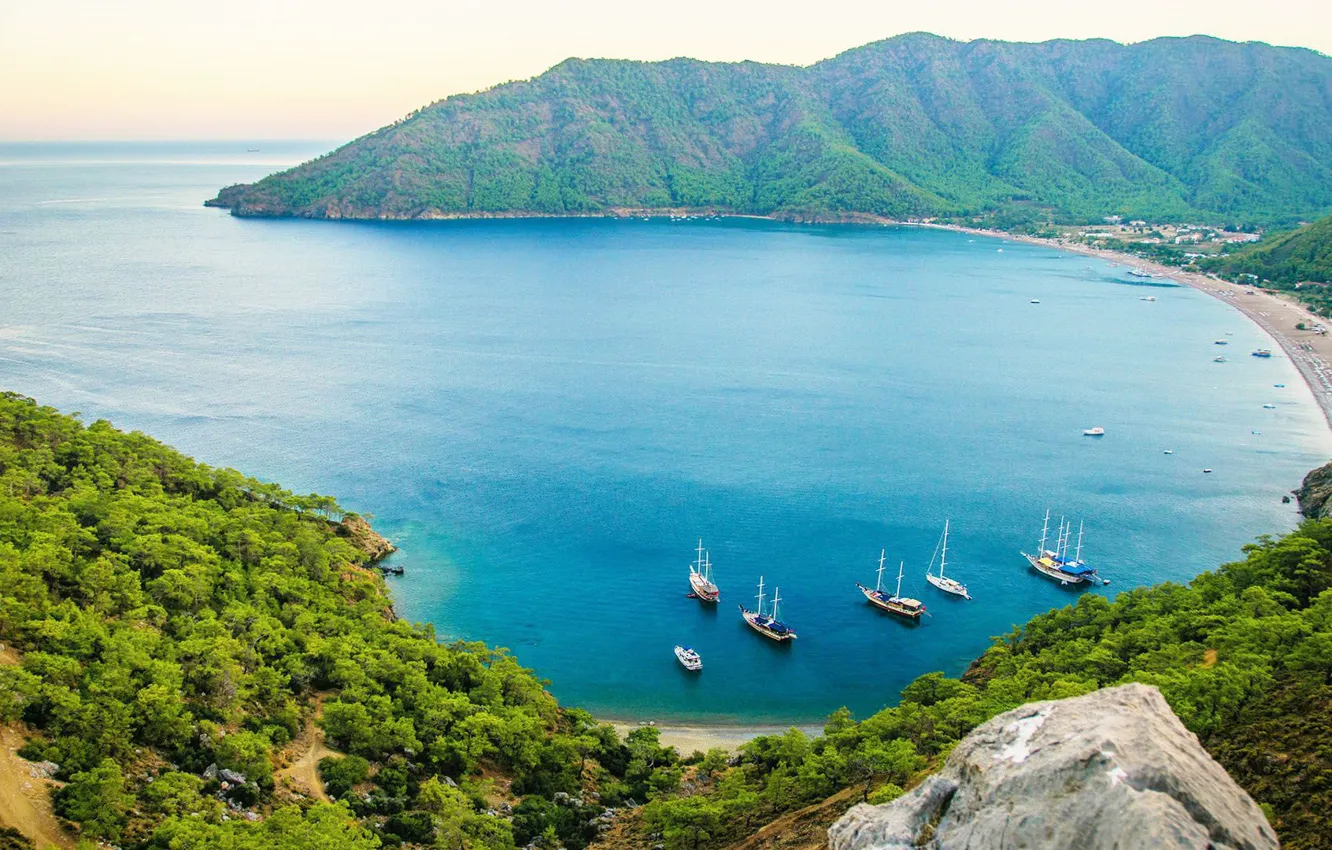 Photo wallpaper sea, mountains, yacht, Turkey, Adrasan