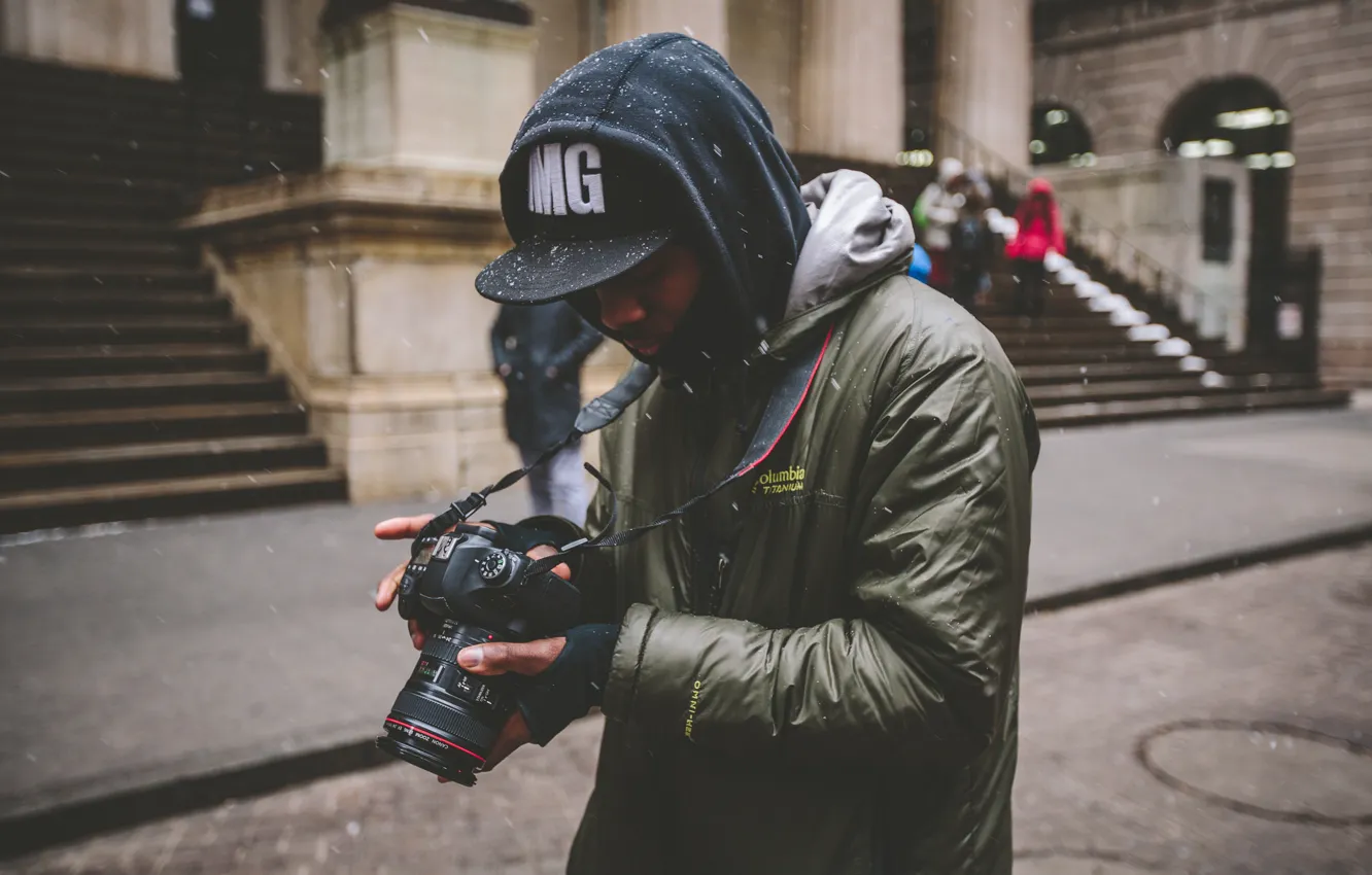 Photo wallpaper winter, snow, the city, street, people, camera, The hood, ladder