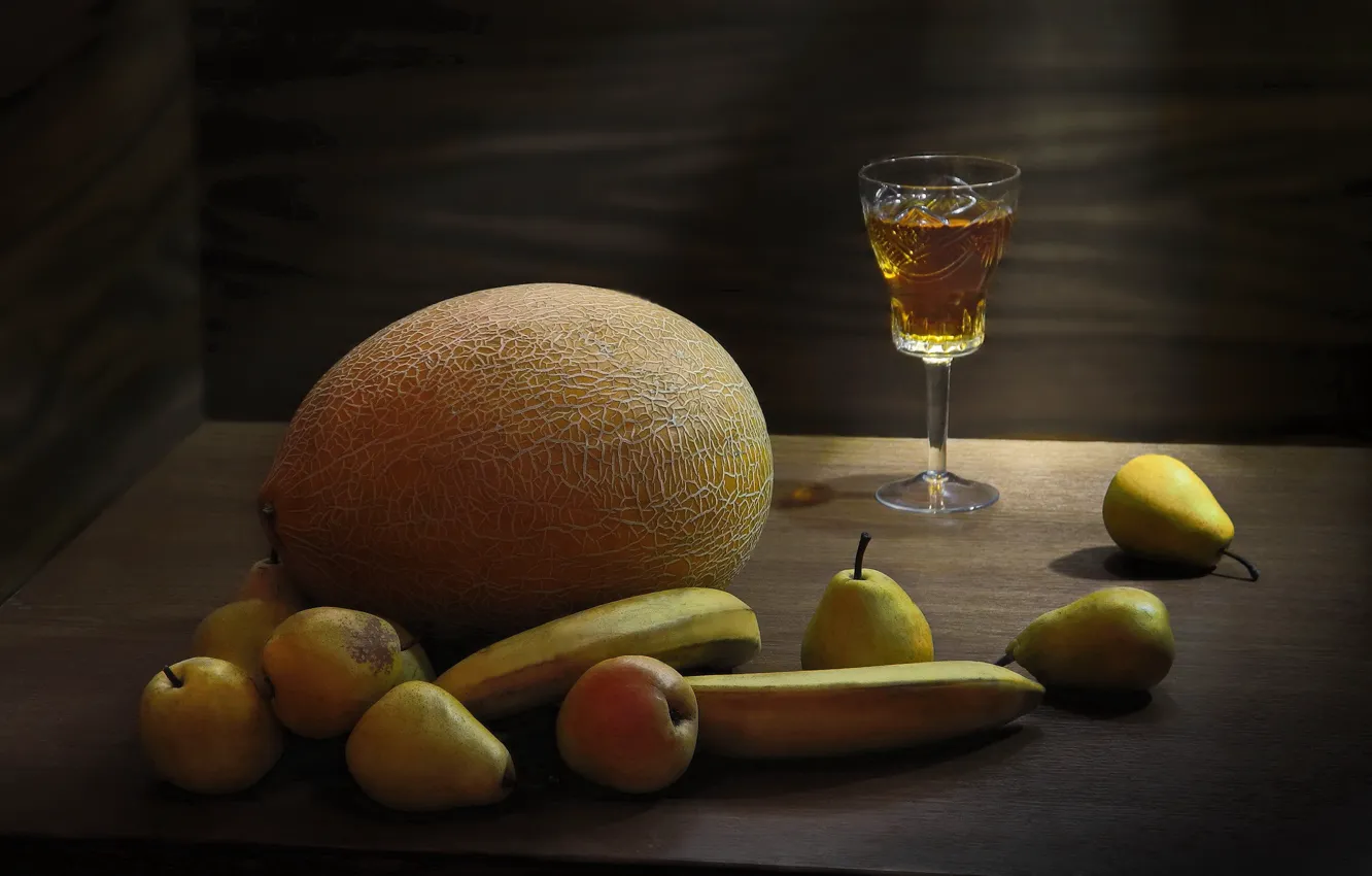 Photo wallpaper table, glass, alcohol, bananas, fruit, still life, pear, glass