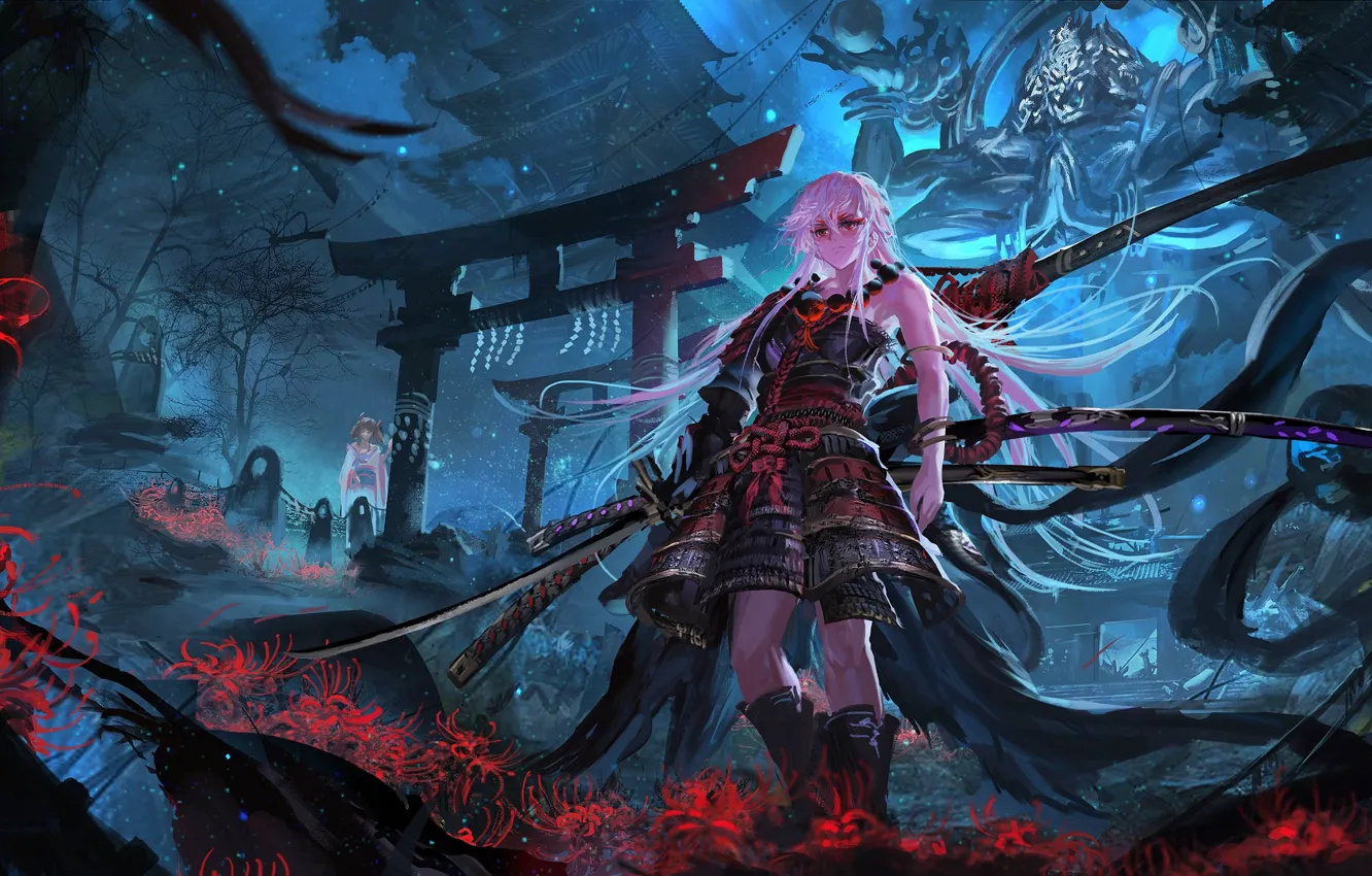 Photo wallpaper flowers, girls, sword, samurai, pixiv fantasia, stu dts