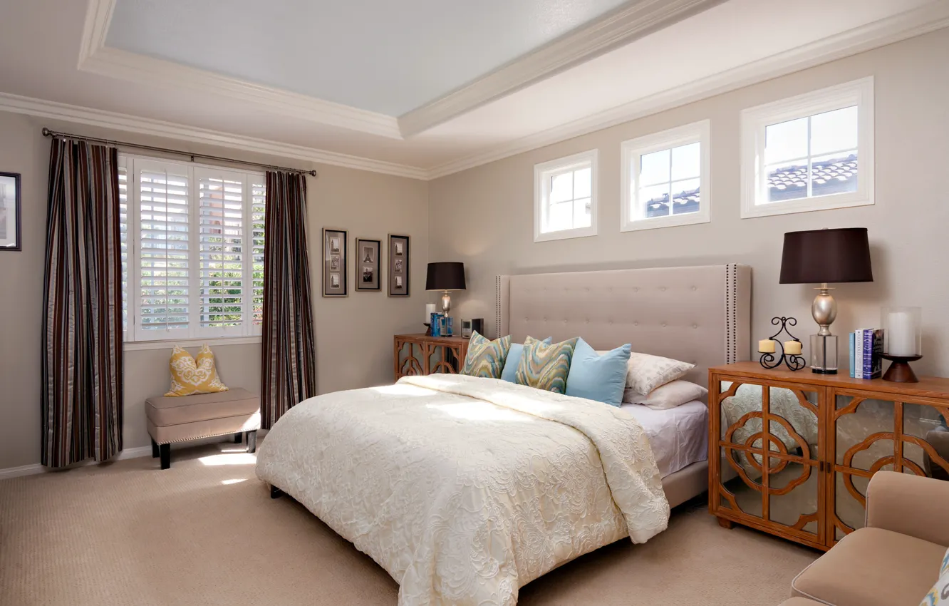 Photo wallpaper design, lamp, bed, pillow, bedroom
