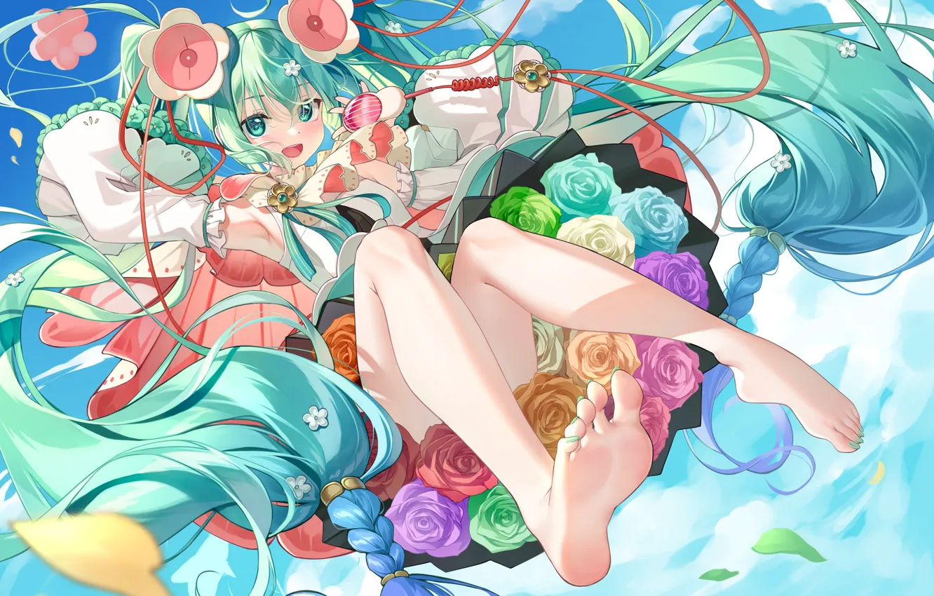 Photo wallpaper the sky, girl, flowers, vocaloid, hatsune miku, meion