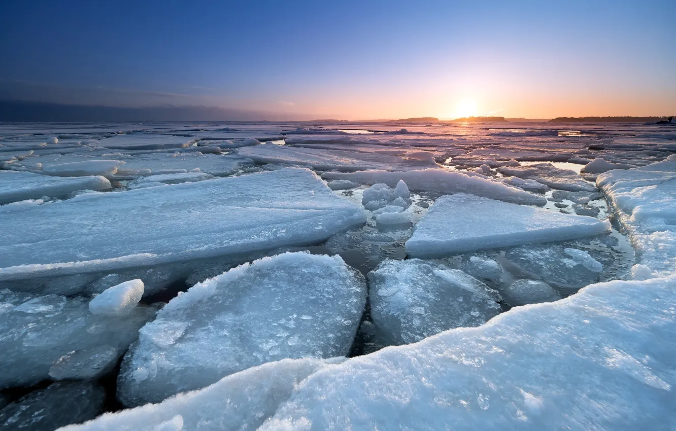 Photo wallpaper sea, sunset, ice