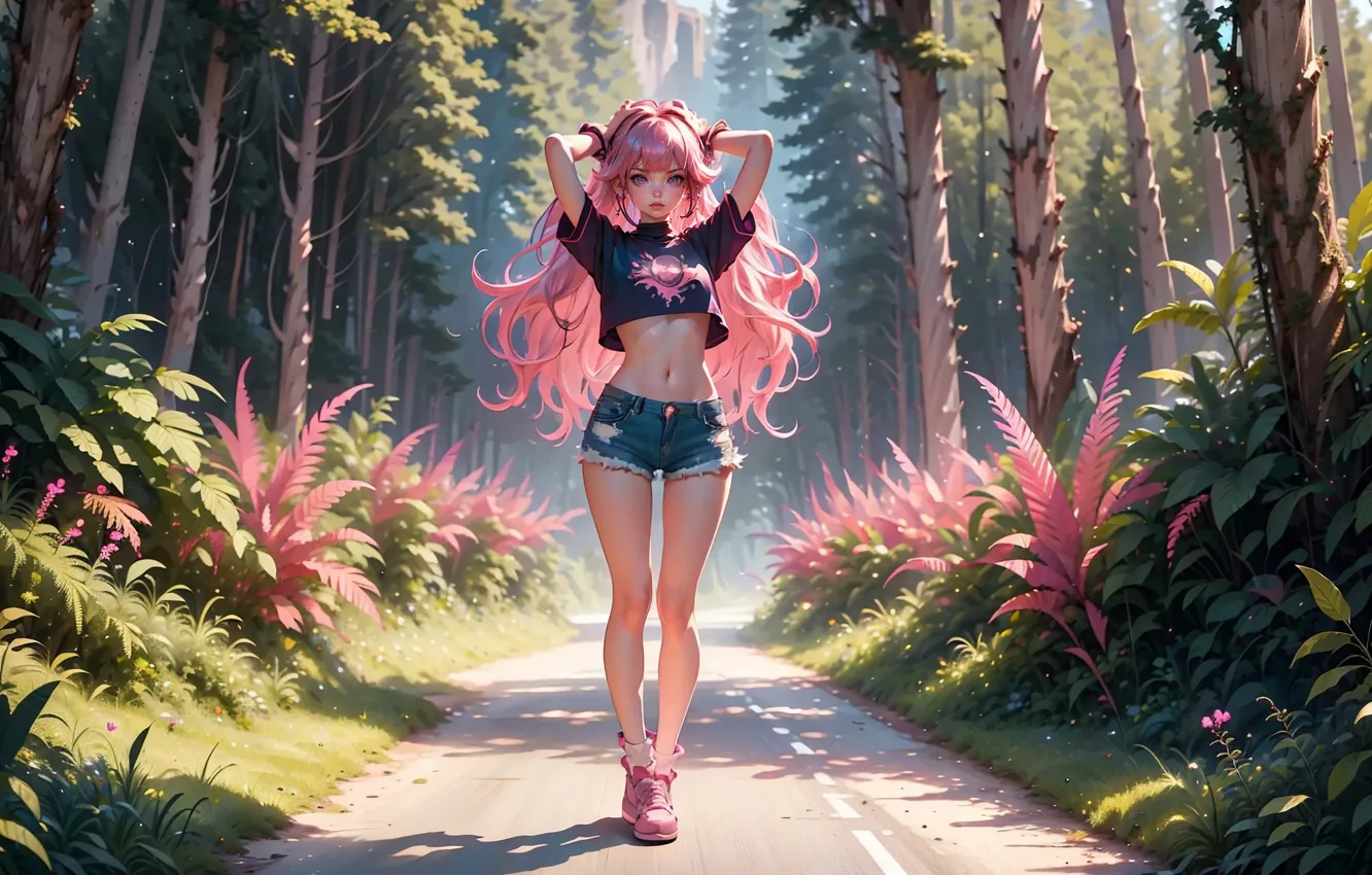 Photo wallpaper girl, forest, road, shorts, sneakers, AI Art