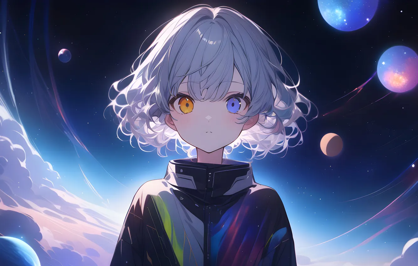 Photo wallpaper planet, digital art, blonde hair, digital art, Multi-colored eyes, artificial intelligence, Stability AI, AI Art