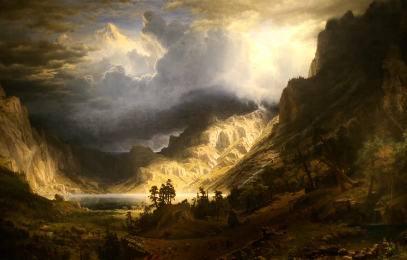 Photo wallpaper landscape, picture, Albert Bierstadt, Storm in the Rocky Mountains