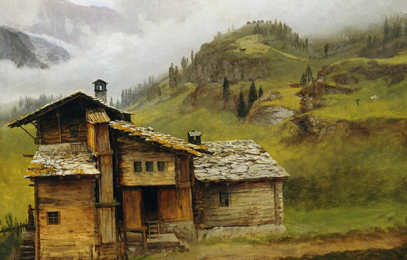 Photo wallpaper landscape, picture, Albert Bierstadt, House in the Mountains