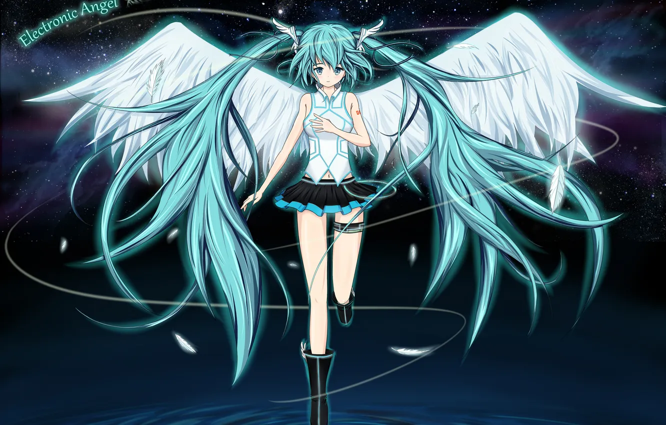 Photo wallpaper the sky, water, girl, space, stars, wings, angel, feathers