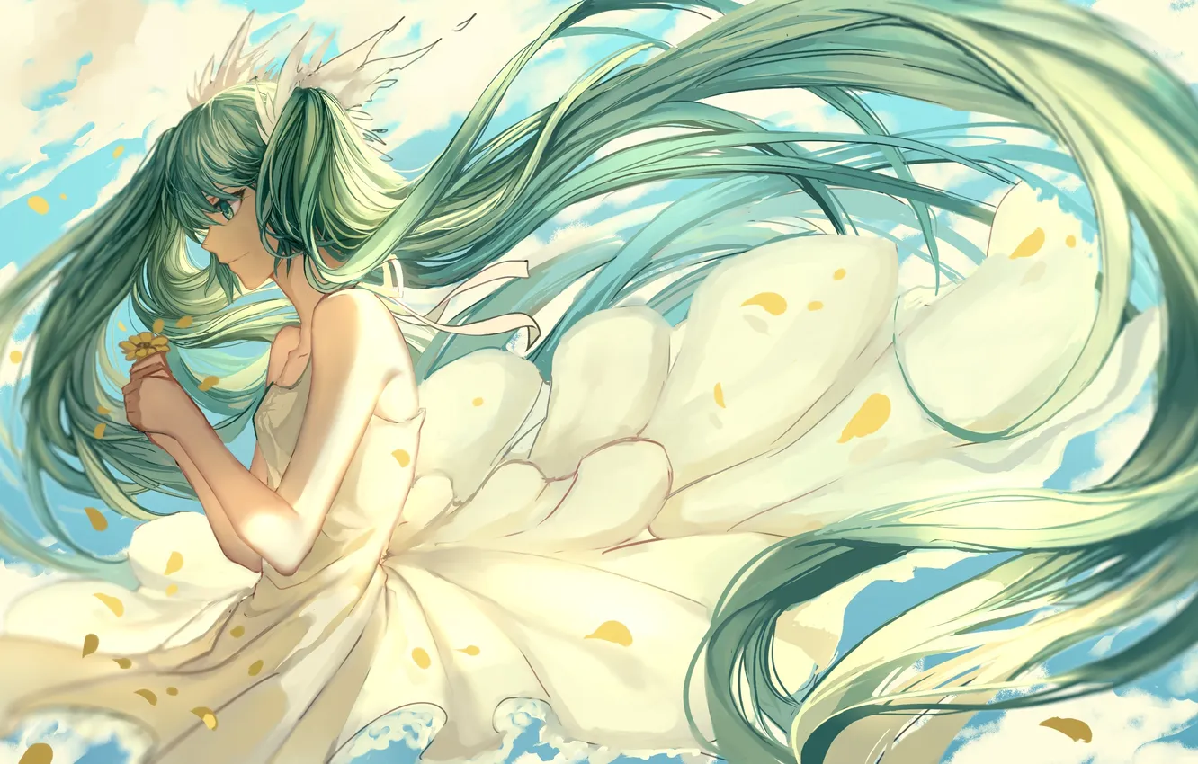 Photo wallpaper girl, flowers, the wind, petals, dress, art, profile, vocaloid