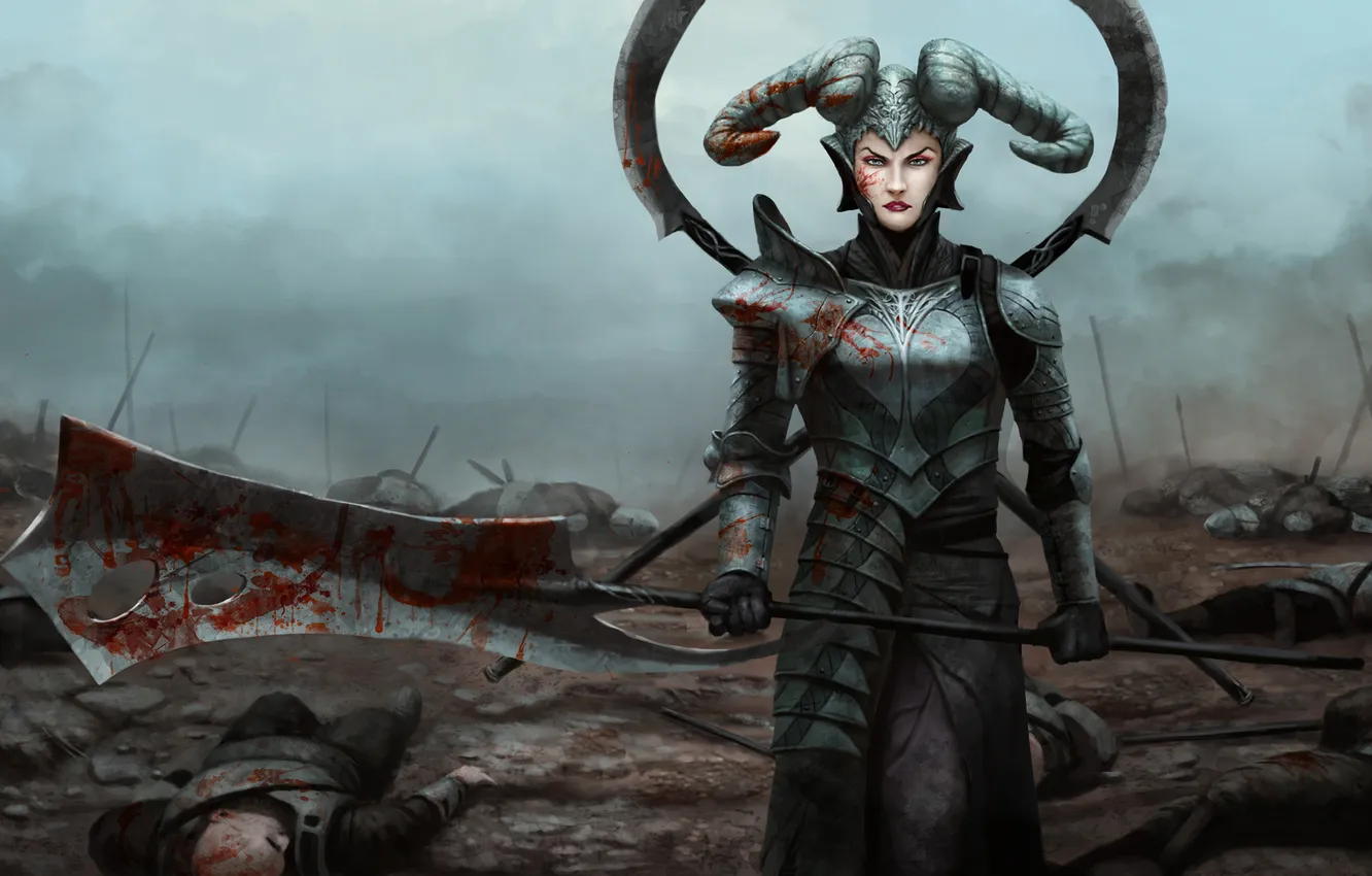 Photo wallpaper weapons, fiction, blood, smoke, armor, art, horns, girl. the demon