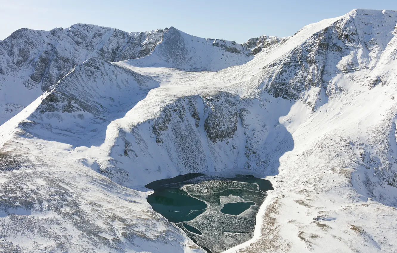 Photo wallpaper ice, the sun, snow, mountains, lake